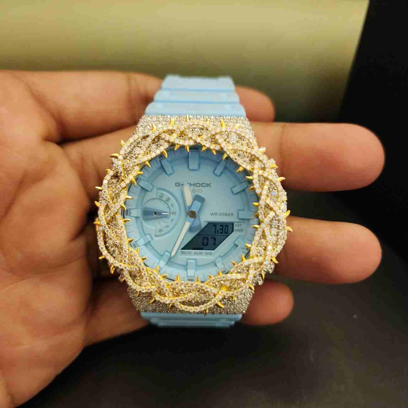 Designer Half Iced Out Light Blue Dial Custom Diamond Case Alternate View