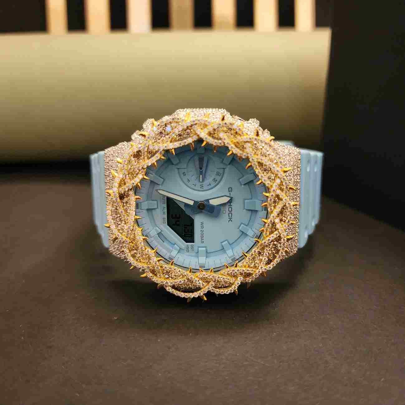 Designer Half Iced Out Light Blue Dial Custom Diamond Case