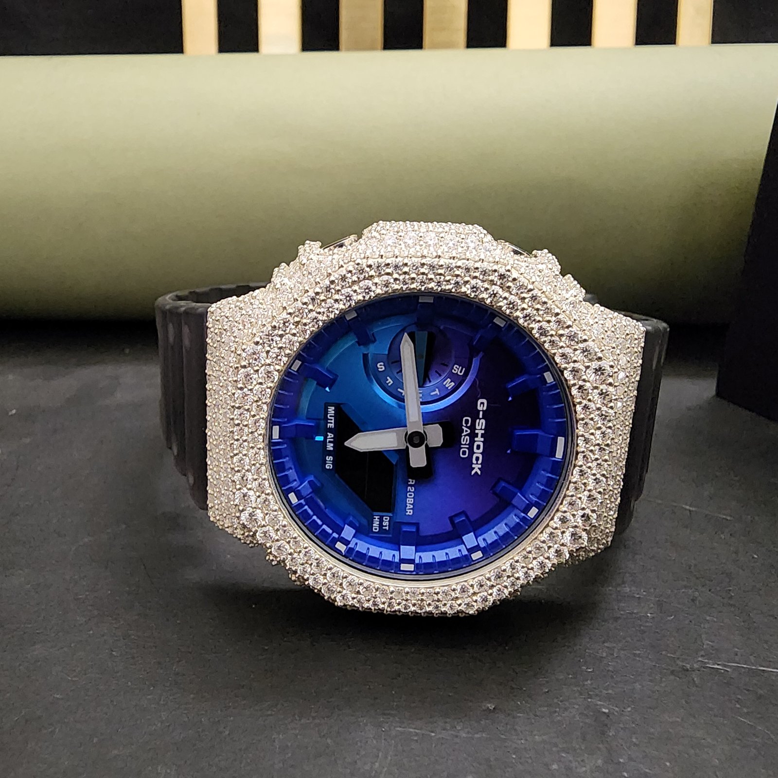 Exclusive Half Iced Out Blue Dial Custom Diamond Case With Black Rubber Band