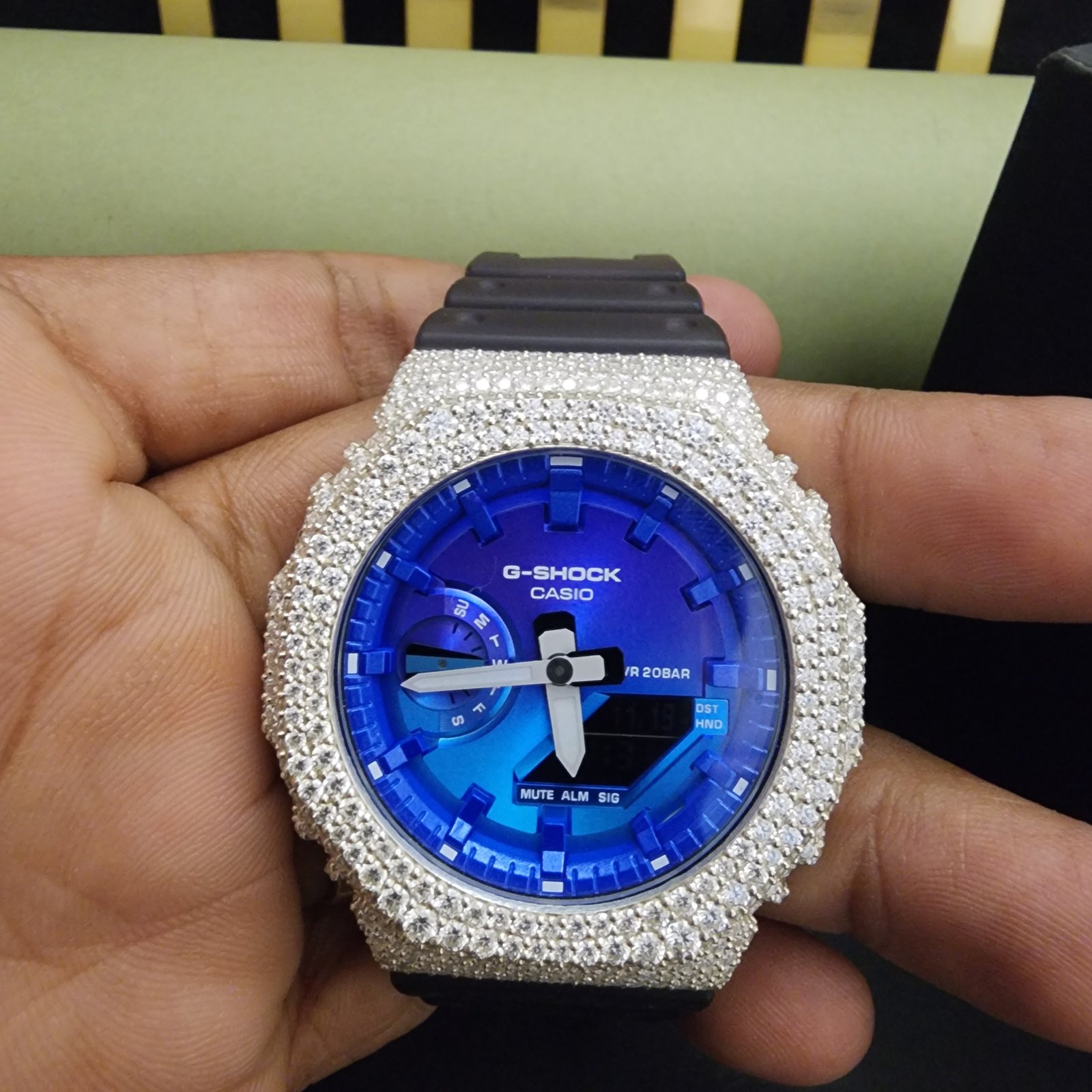 Exclusive Half Iced Out Blue Dial Custom Diamond Case With Black Rubber Band Alternate View