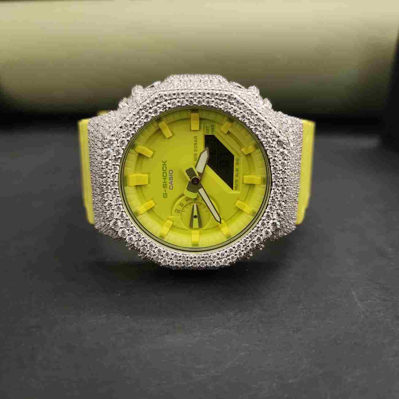 Men's Half Iced Out Neon Yellow Dial Rubber Band Custom Diamond Case