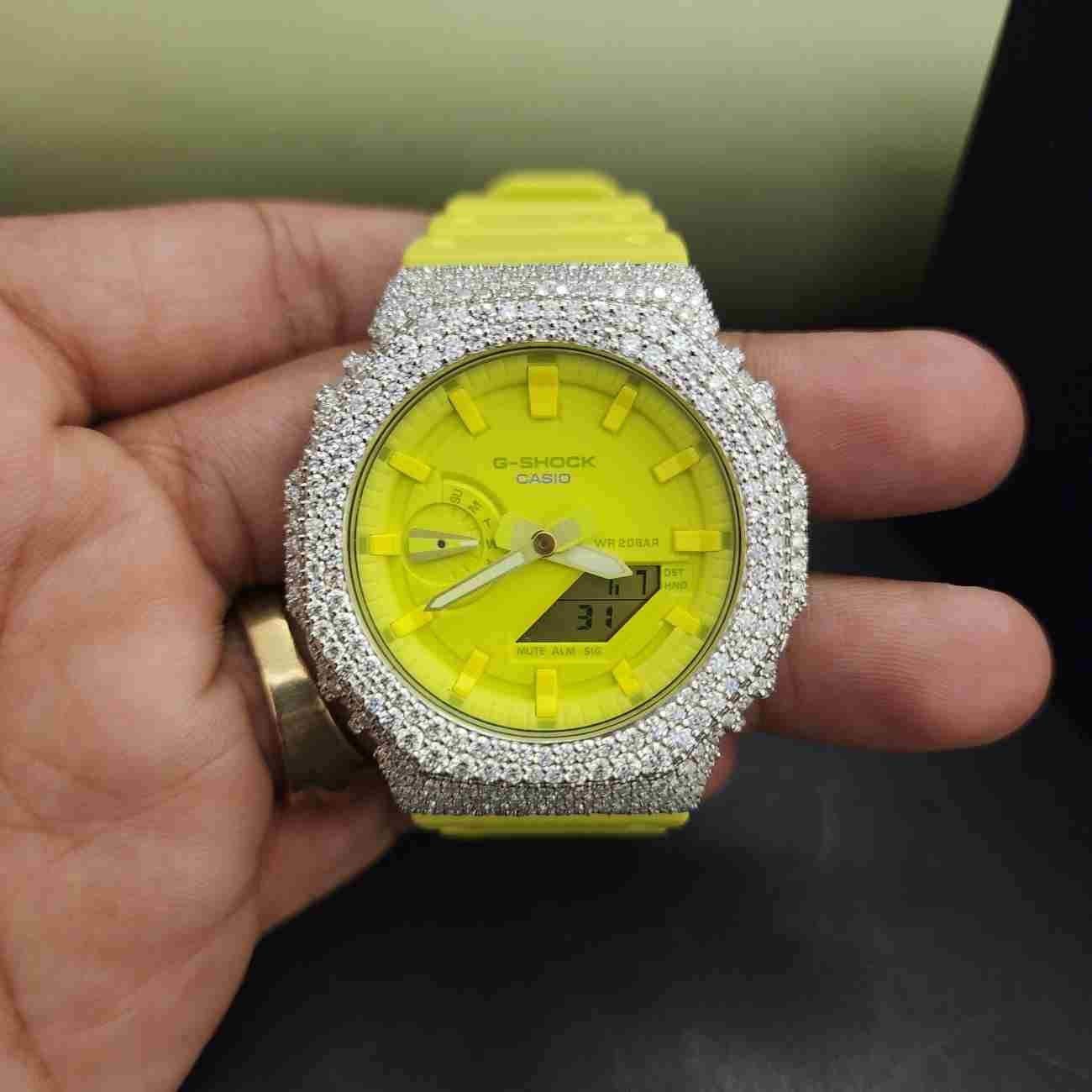 Men's Half Iced Out Neon Yellow Dial Rubber Band Custom Diamond Case Alternate View