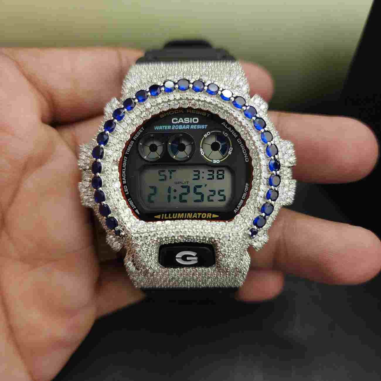 Half Iced Out Blue Round Cut Custom Pave Diamond Case- Alternate View