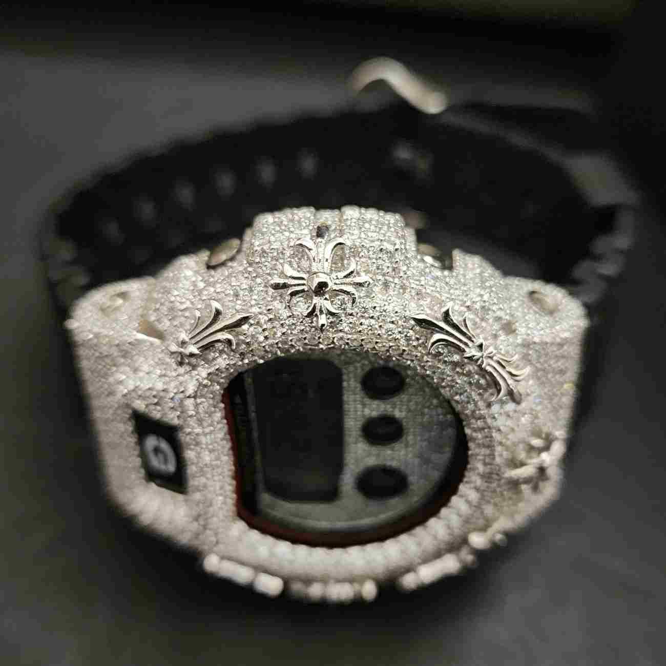 Customized Half Iced Out White Dial Diamond Case With Black Rubber Band