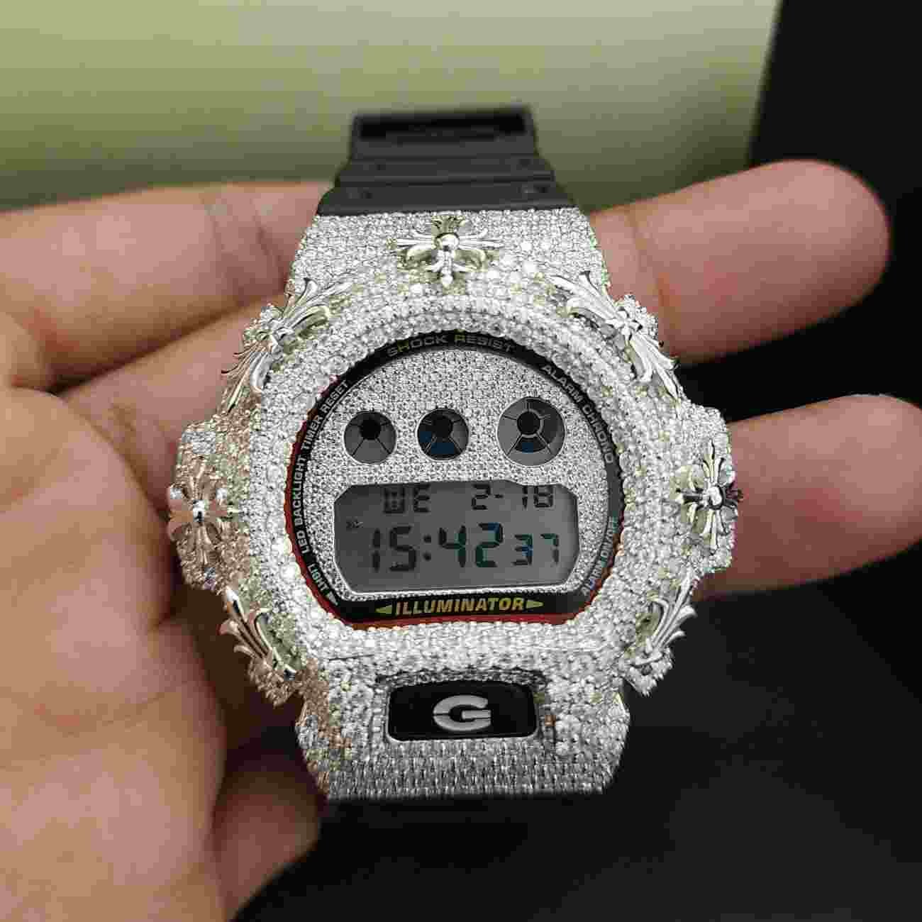 Customized Half Iced Out White Dial Diamond Case With Black Rubber Band Alternate View