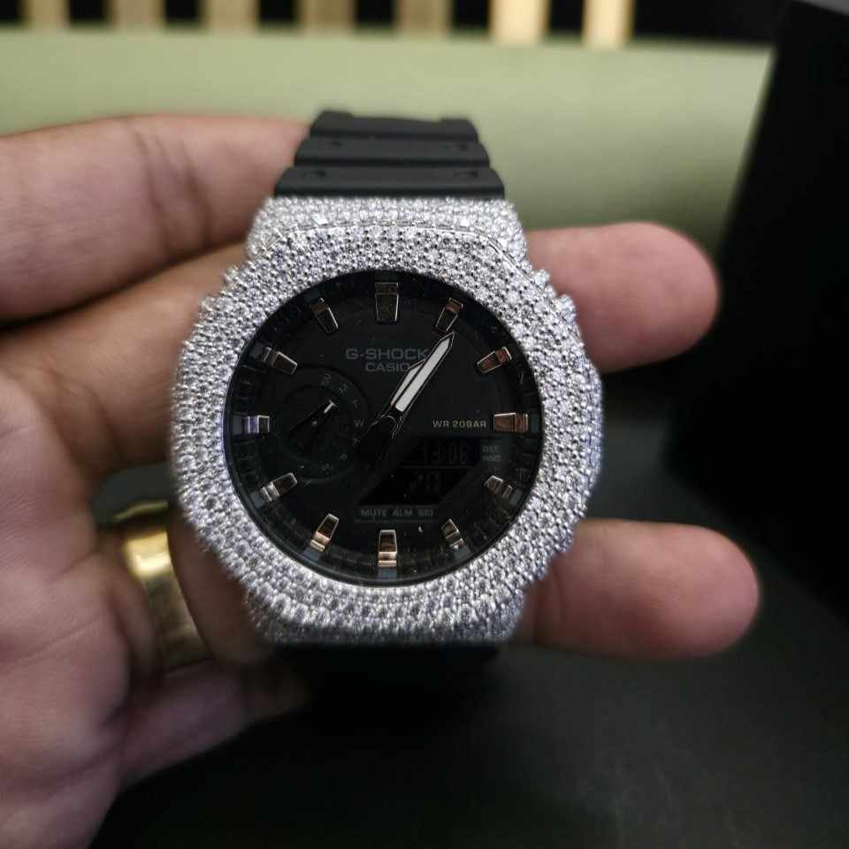 Custom Luxury Half Iced Out Black Dial Diamond Case Alternate View