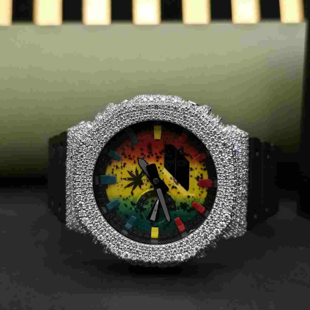 Half Iced Out Multi Dial Custom Diamond Case With Black Rubber Band