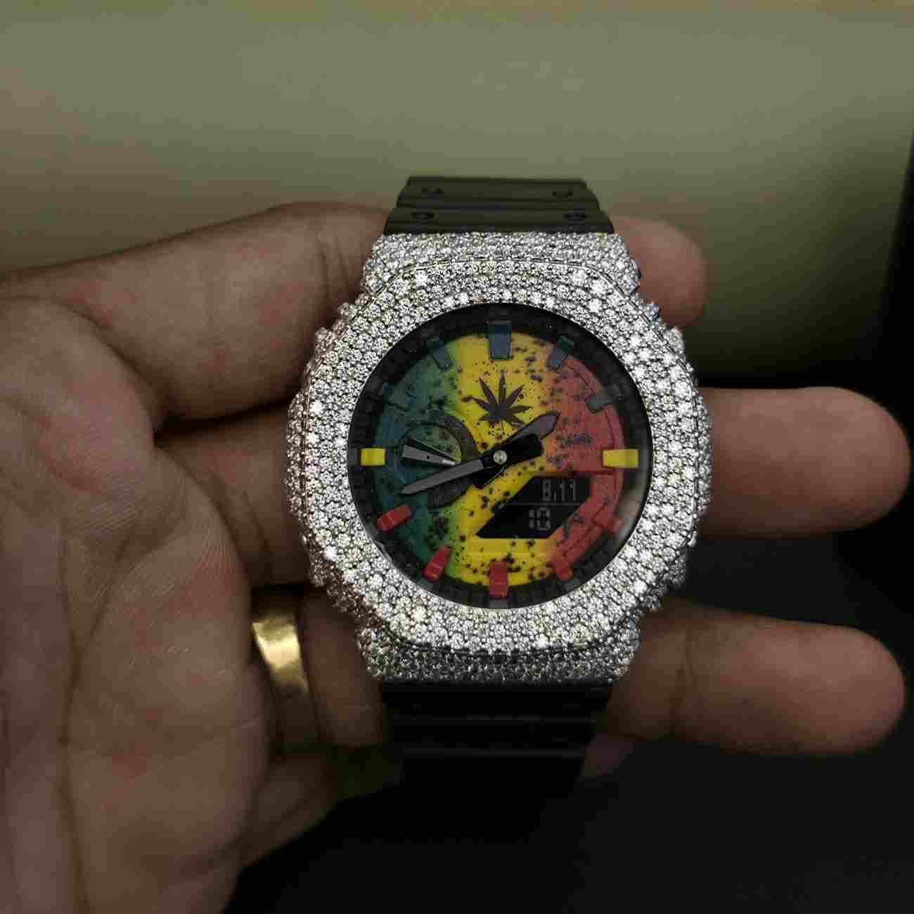 Half Iced Out Multi Dial Custom Diamond Case With Black Rubber Band Alternate View