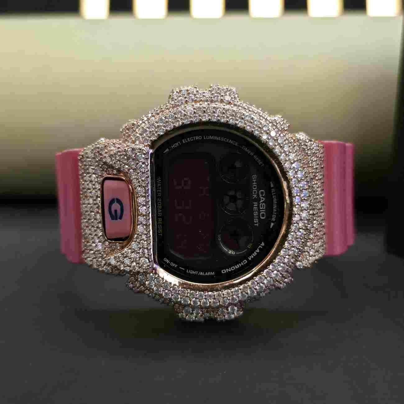 Half Iced Out Two Tone Custom Diamond Case With Pink Rubber Band For Her