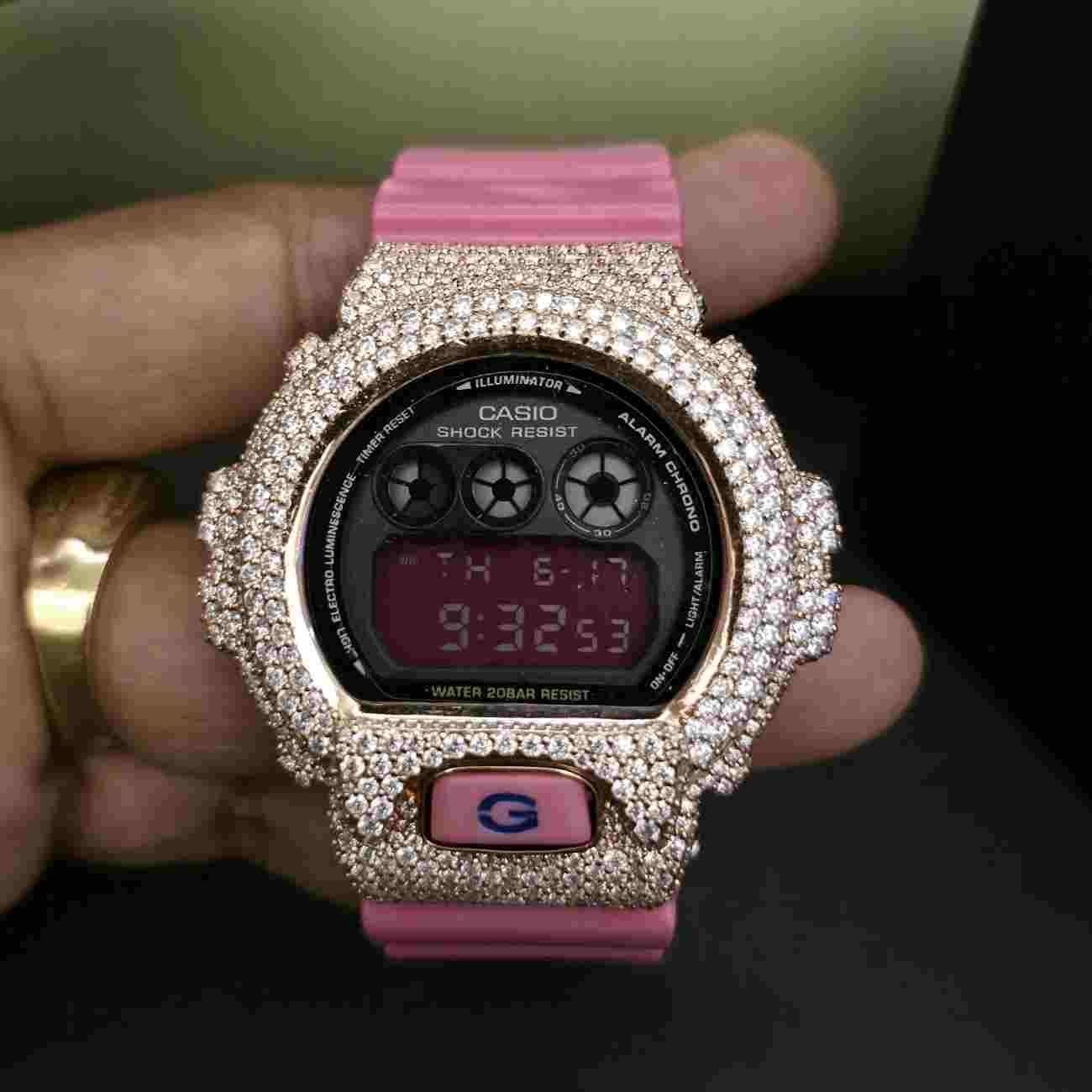 Half Iced Out Two Tone Custom Diamond Case With Pink Rubber Band For Her Alternate View