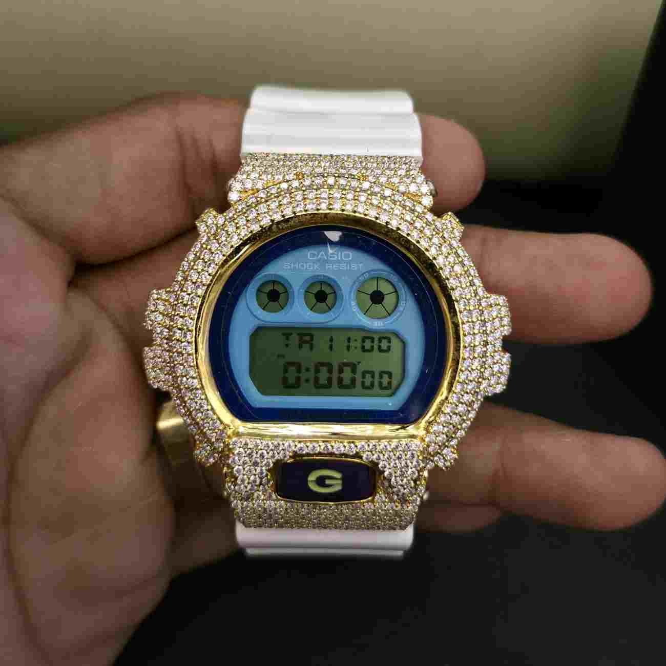 Half Iced Out Black Dial Custom Diamond Case With White Rubber Band Alternate View