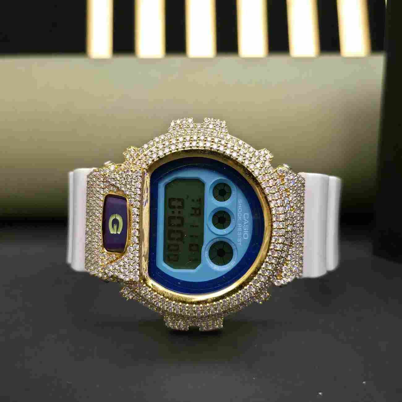 Half Iced Out Black Dial Custom Diamond Case With White Rubber Band