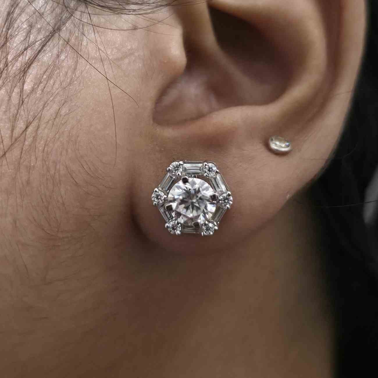Minimalist Round Solitaire Baguette Stud Diamond Earring Alternate View