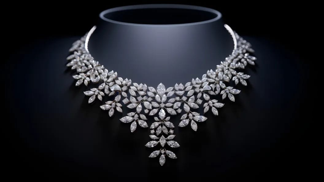 Luxurious floral diamond necklace set featuring marquise-cut stones arranged in an intricate leaf design, ideal for weddings and grand occasions.