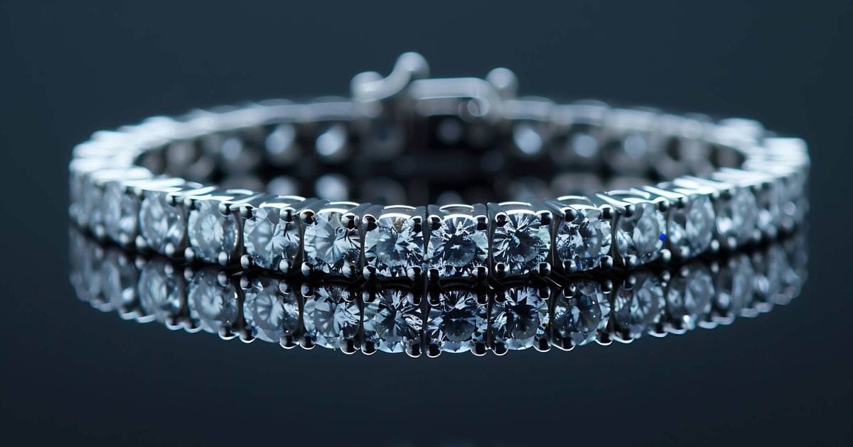 Elegant close-up of a luxurious tennis-style diamond bracelet reflecting light on a dark surface – a perfect choice for premium diamond bracelets.