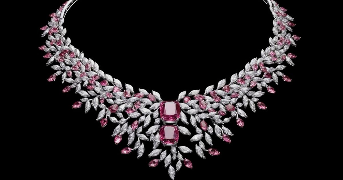 Necklace showcasing pink sapphire and diamond leaf pattern, a top trend in jewellery styles