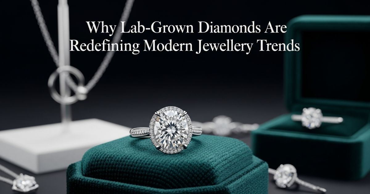 Elegant diamond rings and necklaces showcasing the beauty of modern lab-grown diamonds in luxury cases