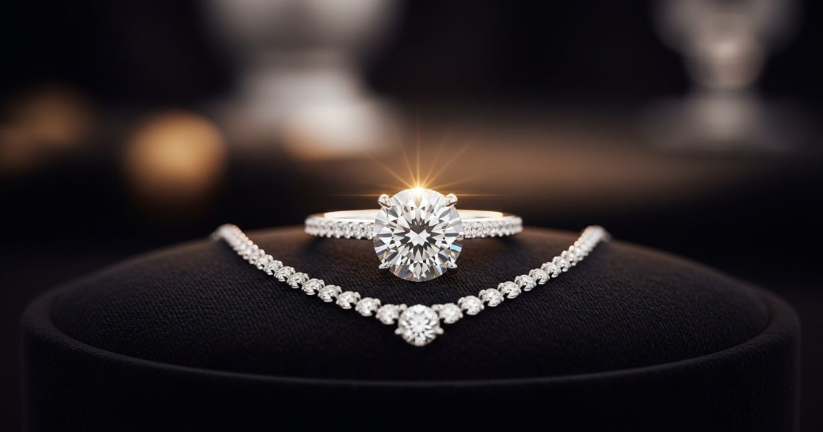Diamond jewellery care tips featuring a sparkling diamond ring and elegant necklace displayed on a black stand.