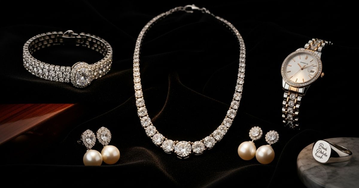 Jewellery gift ideas with diamond necklace, bracelet, pearl earrings, luxury watch, and elegant ring.