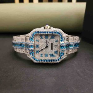 Trendy Roman Square Dial Moissanite Two Color Tone Blue And White Diamond Full Iced Out Watch